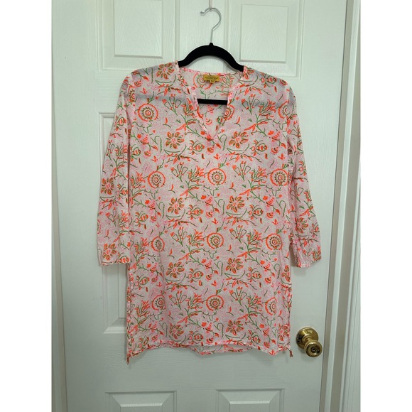 Roberta Roller Rabbit Tops - Roberta Roller Rabbit Cotton Tunic Top Floral Block Print Pink Orange XS